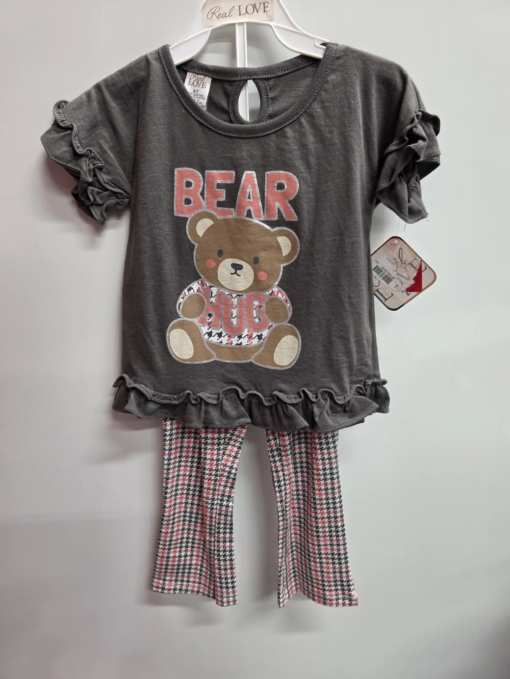 Bear Graphic Ruffle Pajama Set - Gray & Pink